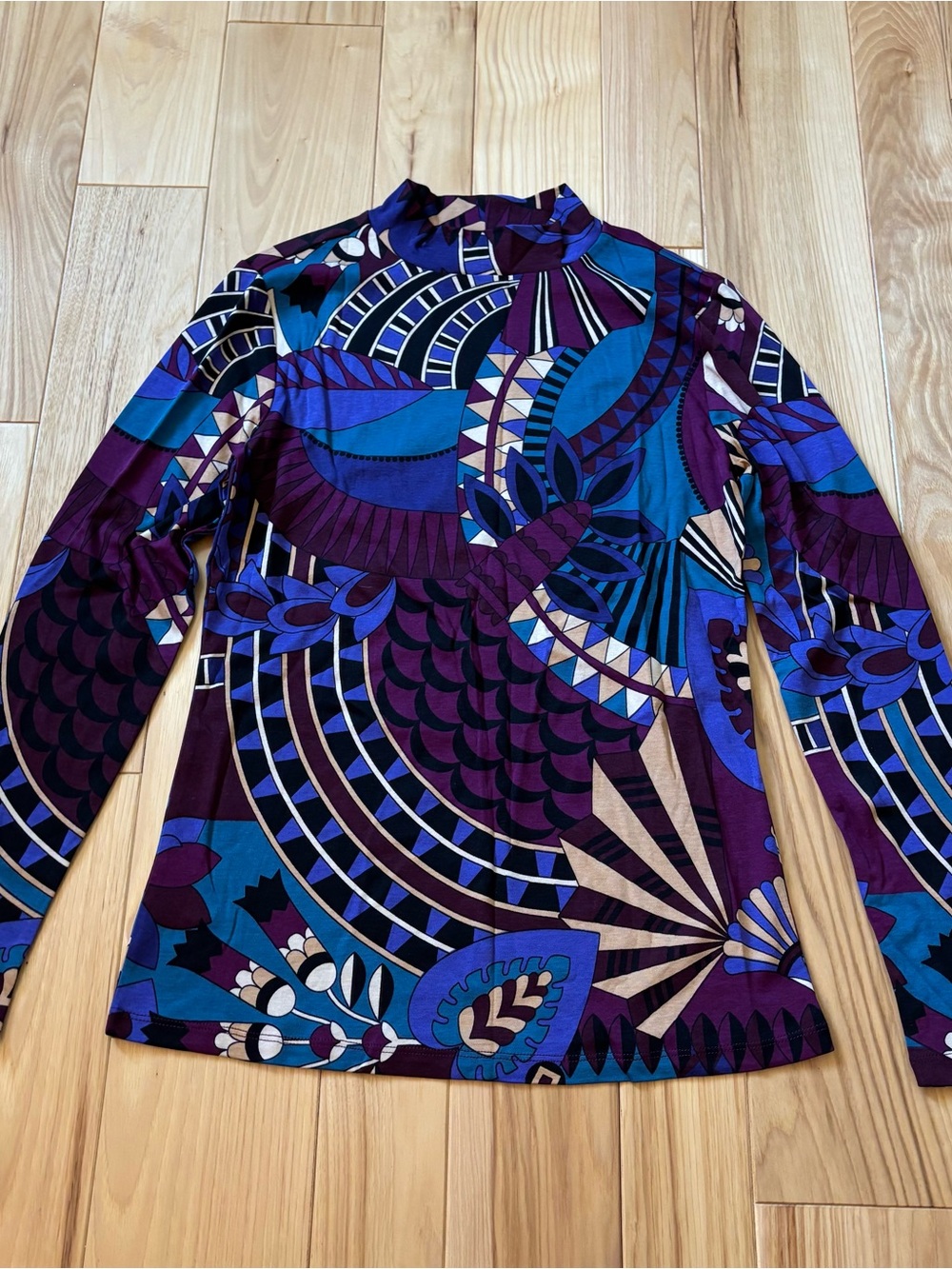 Ann Taylor High Neck Multicolor Patterned Long Sleeve Cotton Top